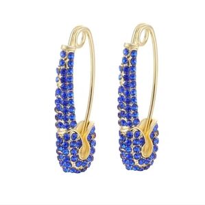 Blue Rhinestone Safety Pin Earrings